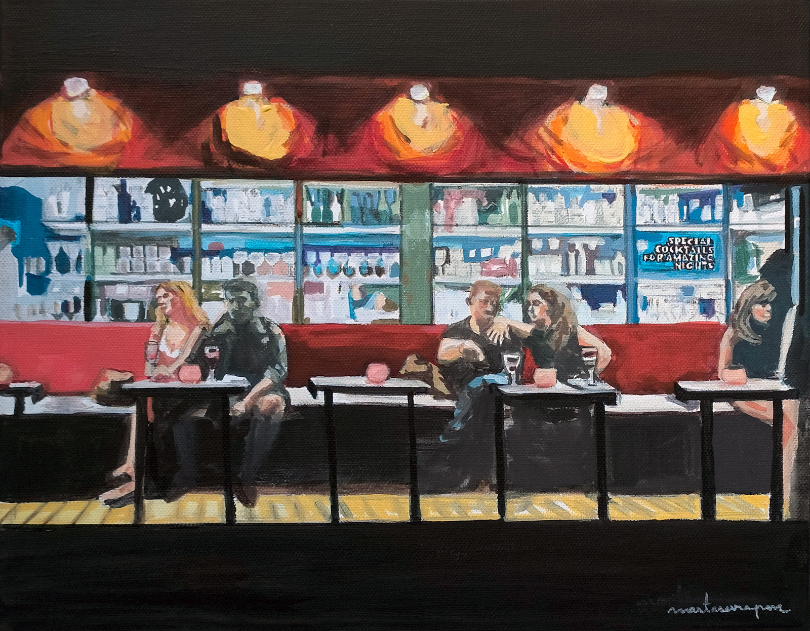 A l'estudi Pintura d'una escena nocturna a l'exterior d'un bar, amb diverses parelles assegudes a taules i l'interior del local visible al fons, títol de l'obra Boia de nit, de Marta Serra Pou