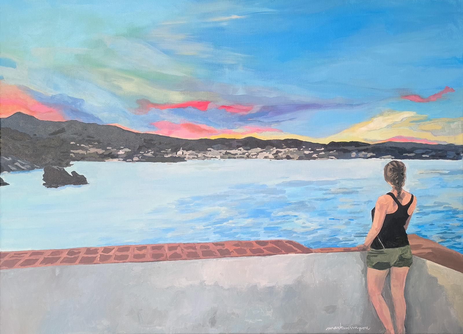 A l'estudi Pintura d’una dona d’esquena observant el mar, amb el poble i el cel del capvespre al fons, títol de l’obra “Des de Cala Nans”, de Marta Serra Pou.