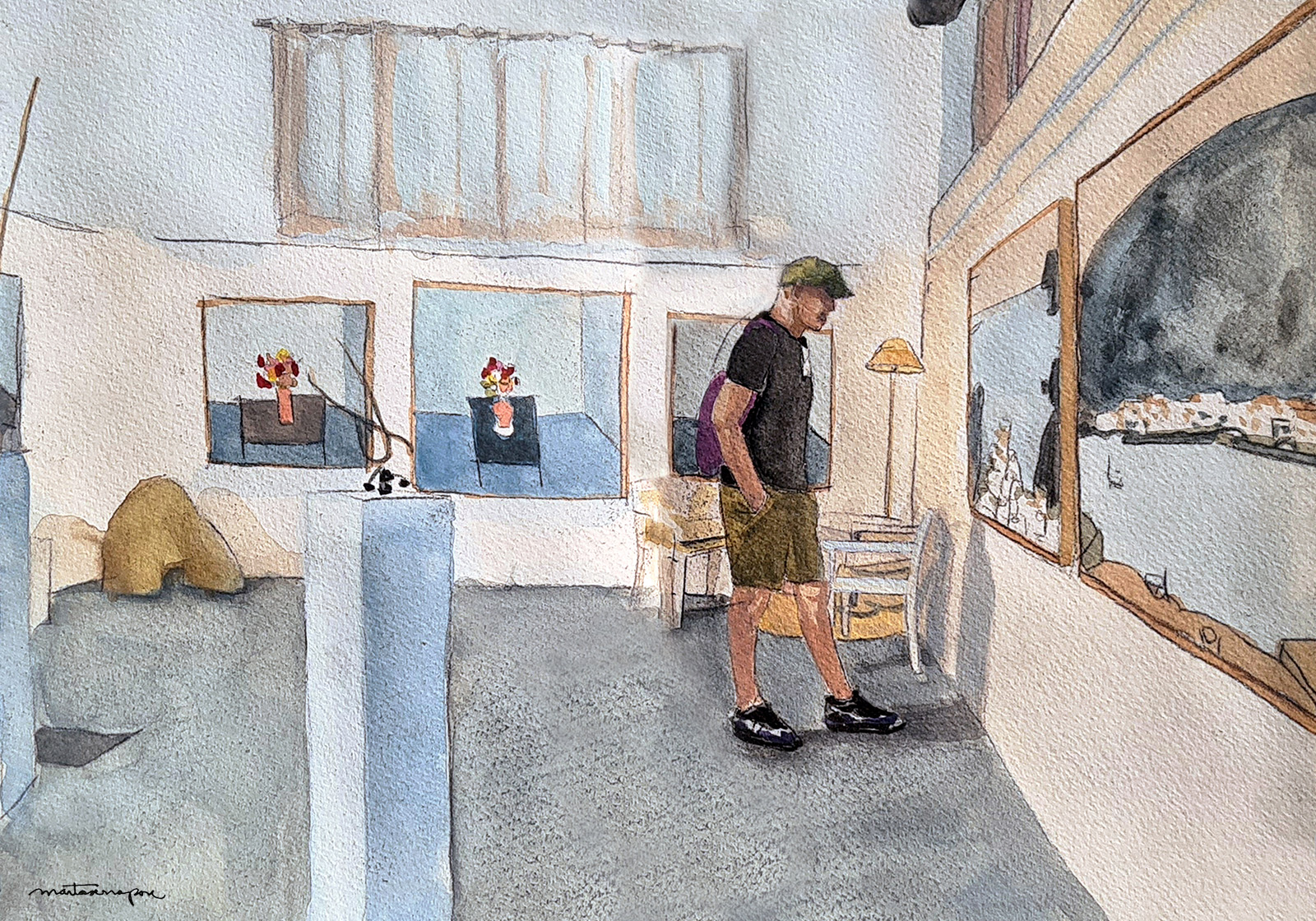 Pintura de l’interior d’una galeria d’art, amb una persona observant un quadre exposat en un espai minimalista, títol de l’obra “Koyama”, de Marta Serra Pou.