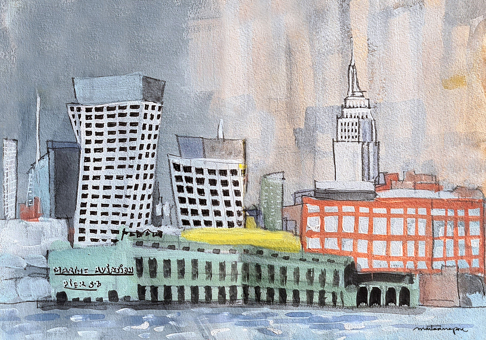 Pintura d’un skyline de Nova York en un dia plujós, amb edificis vora l’aigua i l’Empire State Building al fons, títol de l’obra “Rainy Day”, de Marta Serra Pou.