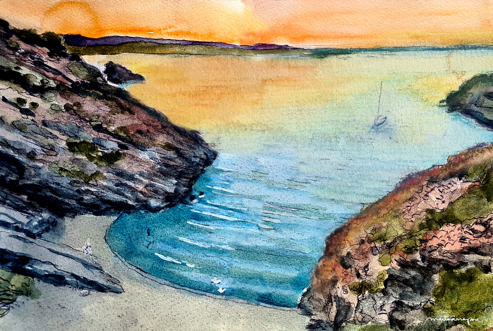 A l'estudi Pintura d’una dona pintant davant d’un llenç dins del seu estudi, amb quadres penjats a la paret al fons, títol de l’obra “A l’estudi”, de Marta Serra Pou.