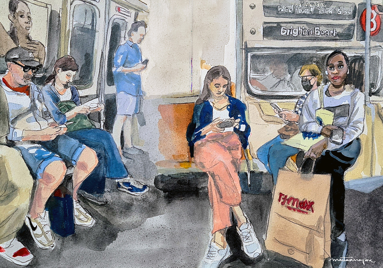 Pintura de l’interior d’un vagó de metro amb diversos passatgers asseguts i drets mirant el mòbil, en una escena quotidiana de transport urbà, títol de l’obra “Underground”, de Marta Serra Pou.