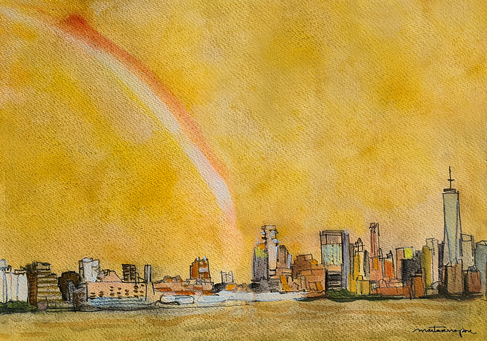 Pintura d’un skyline de Nova York vist des del riu, sota un cel groc intens amb una pinzellada en forma d’arc de colors, títol de l’obra “Yellow”, de Marta Serra Pou.
