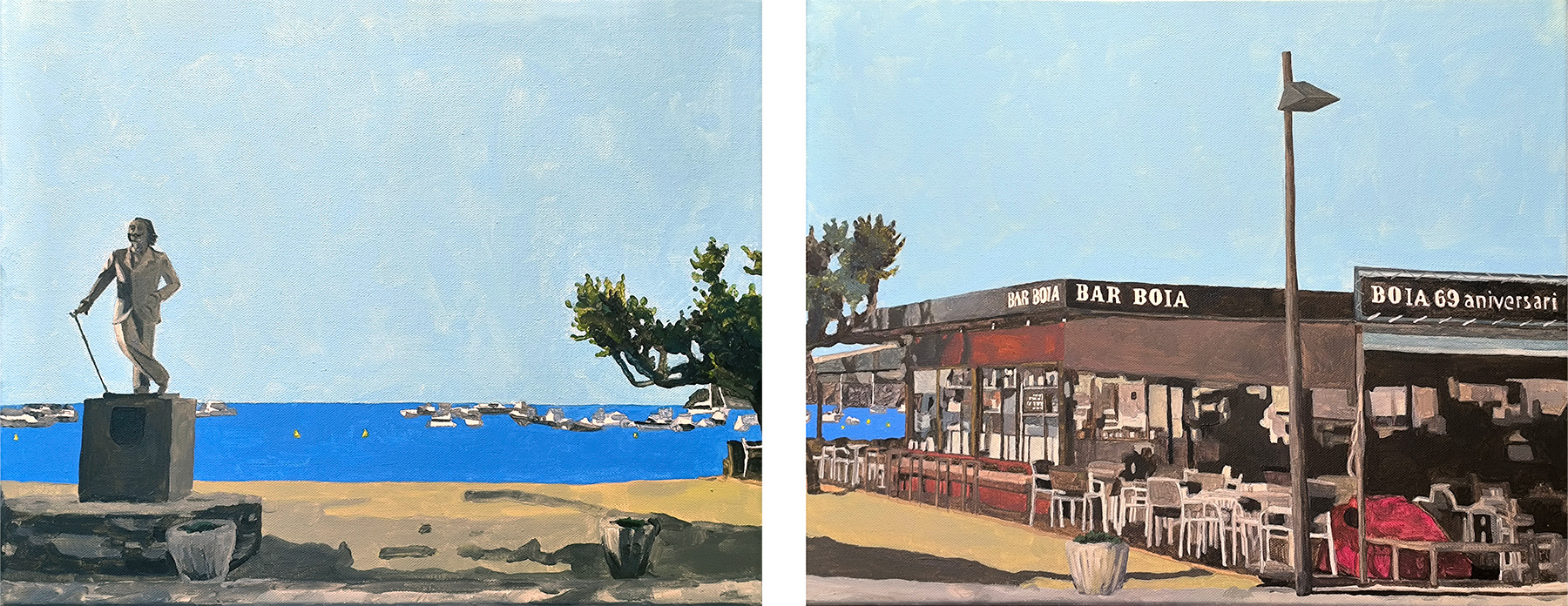 A l'estudi Pintura d’una dona pintant davant d’un llenç dins del seu estudi, amb quadres penjats a la paret al fons, títol de l’obra “A l’estudi”, de Marta Serra Pou.