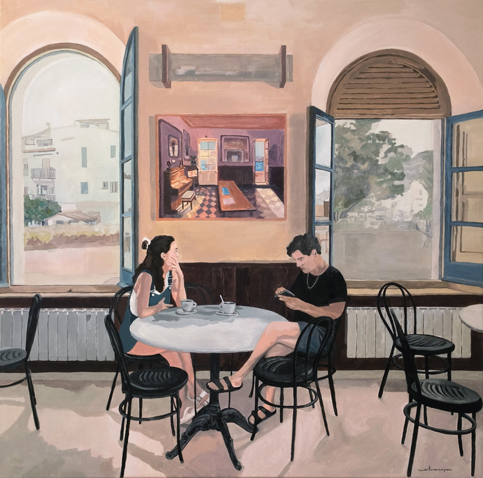 A l'estudi Pintura d'una dona surant al mar, amb el rostre relaxat i el cos mig submergit entre reflexos d'aigua i llum, títol de l'obra "Surant", de Marta Serra Pou