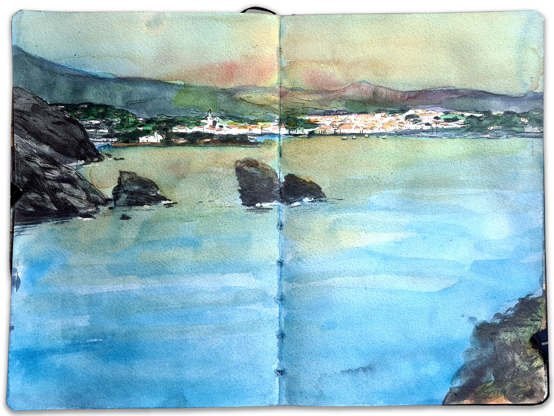 A l'estudi Pintura d’una dona d’esquena observant el mar, amb el poble i el cel del capvespre al fons, títol de l’obra “Des de Cala Nans”, de Marta Serra Pou.