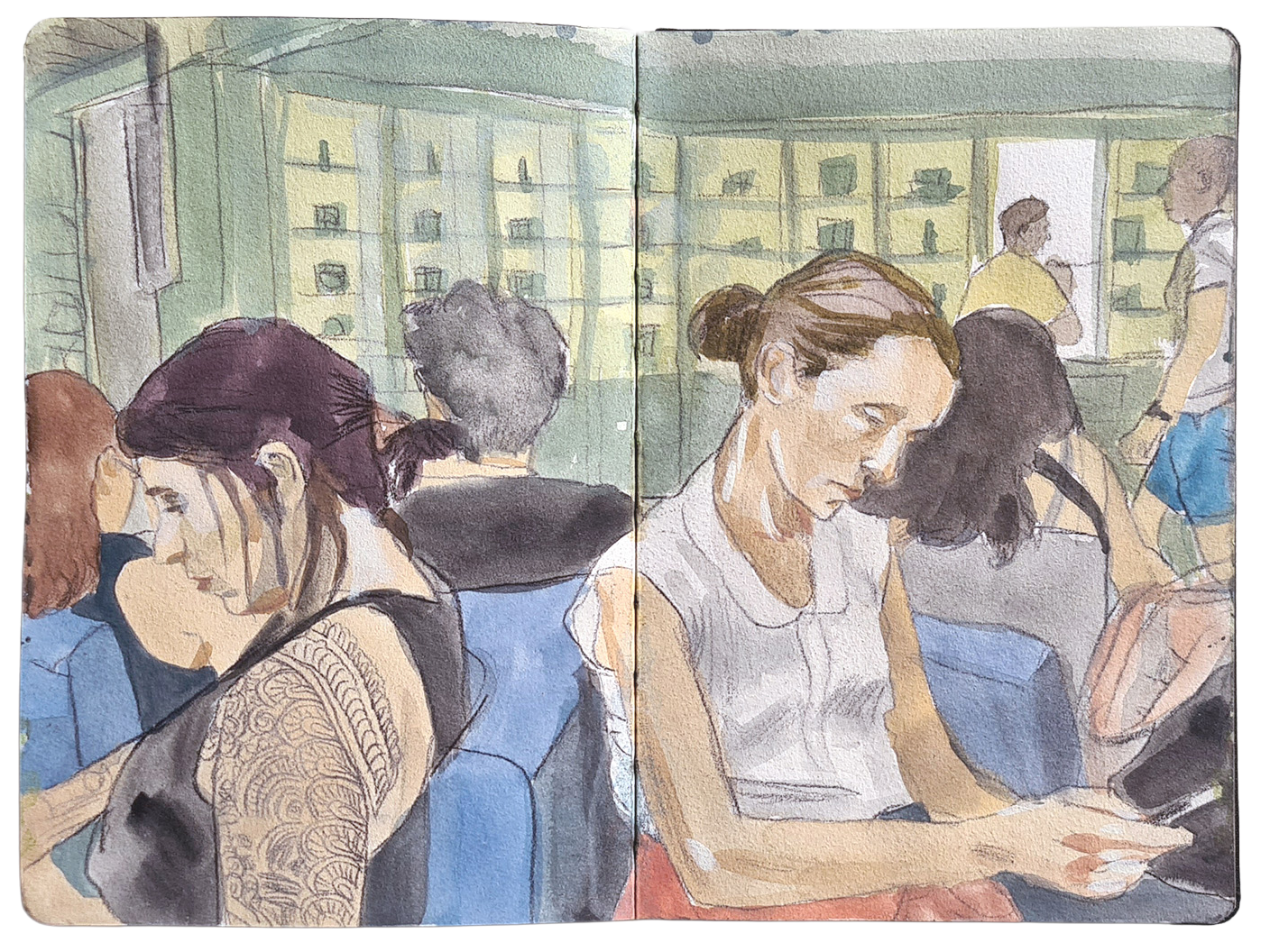 A l'estudi Pintura d’una dona pintant davant d’un llenç dins del seu estudi, amb quadres penjats a la paret al fons, títol de l’obra “A l’estudi”, de Marta Serra Pou.