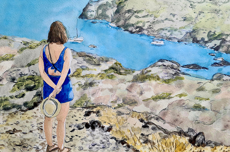 Pintura d'una vista del mar blau i del poble de Cadaqués emmarcats per l'arc de la Riba Pitxot, amb el paviment de lloses en primer terme, títol de l'obra "Sota l'arc", Marta Serra Pou