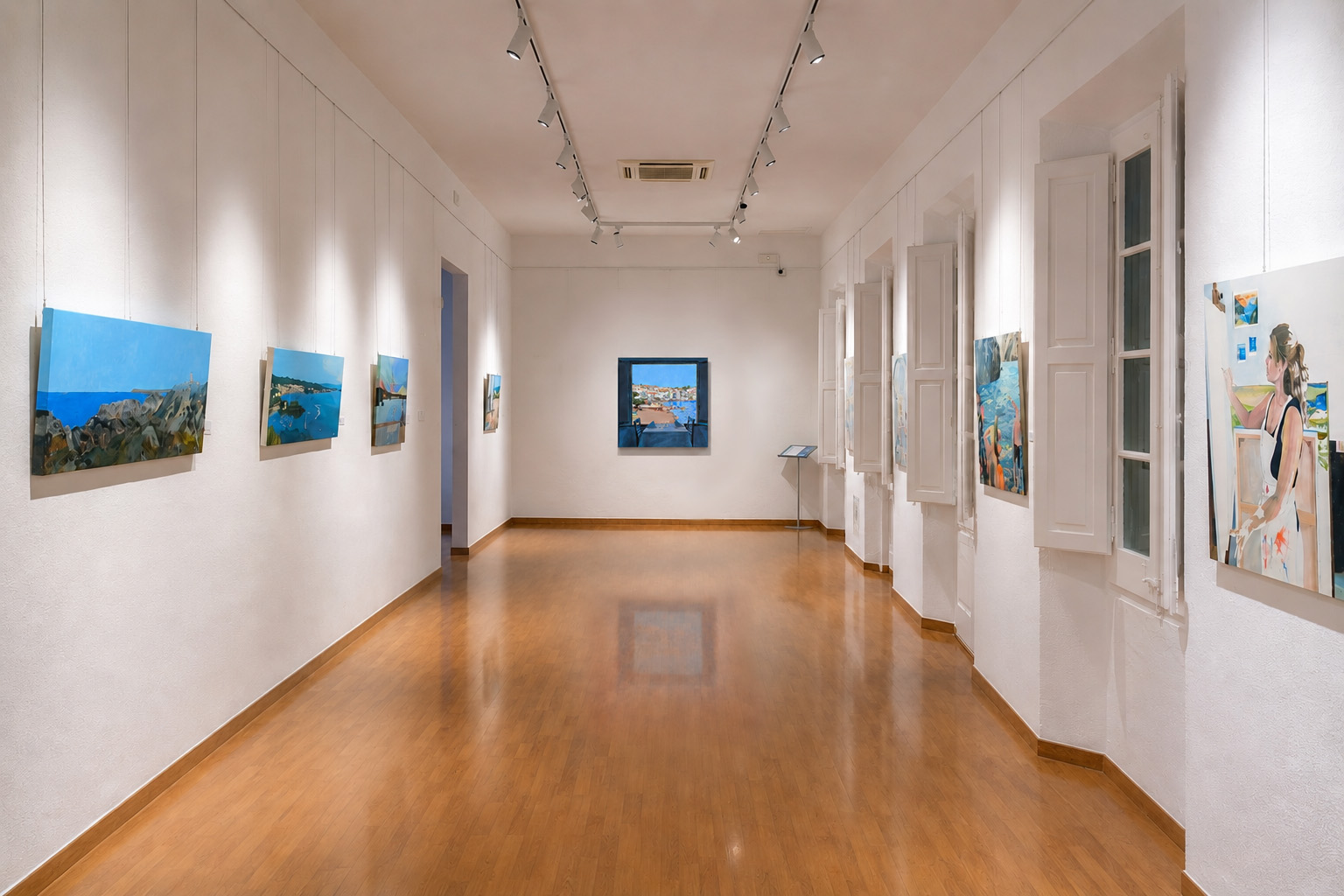 Vista de la sala gran de l’exposició MOMENTS, amb una seqüència d’obres en acrílic sobre tela a la paret esquerra i la continuïtat del recorregut cap a la sala del fons.